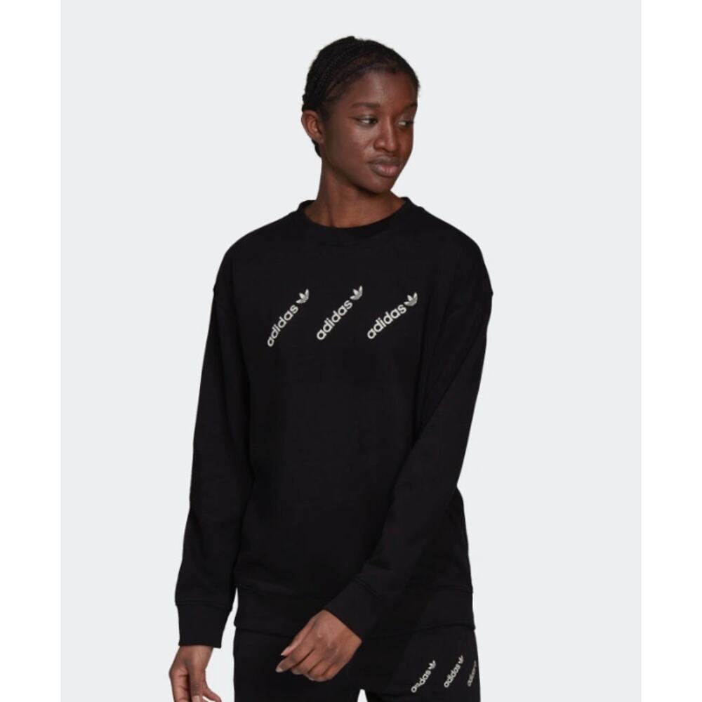 Adidas Womens Black White Crew Long Sleeve Pullover Sweatshirt Medium NWT
